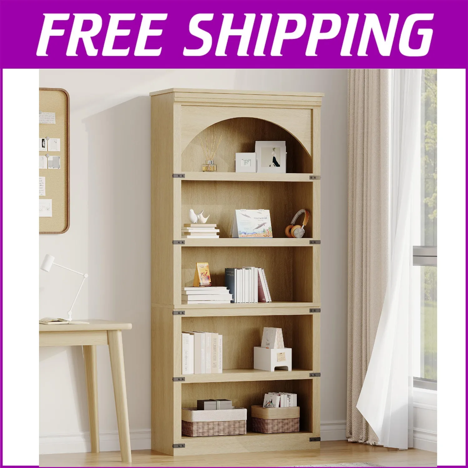 

Высокая арочная книжная полка в стиле фермерского дома, 69 дюймов, 5-ярусная, деревянная, винтажная, в деревенском стиле