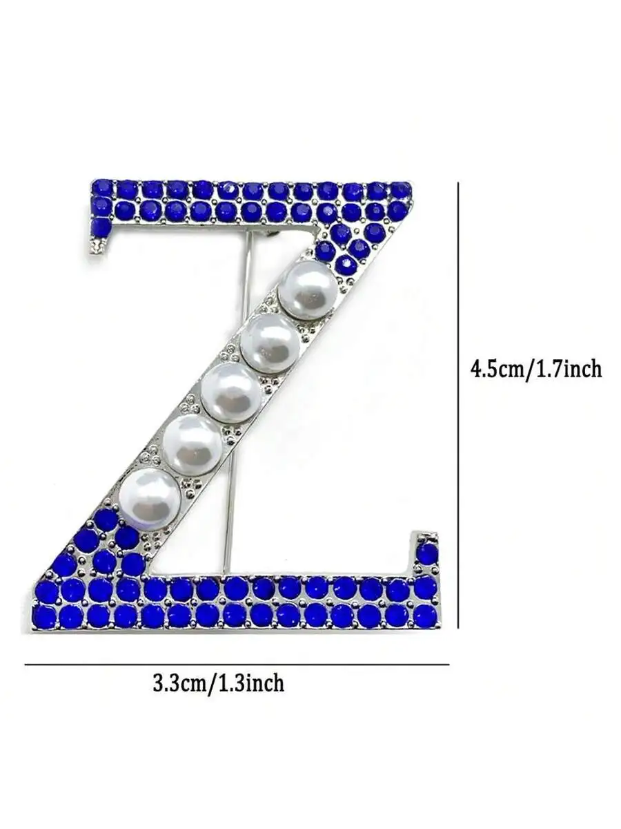 

Letter Z Brooch With Blue Rhinestones And Pearl Beads Metal Pin Jewelry