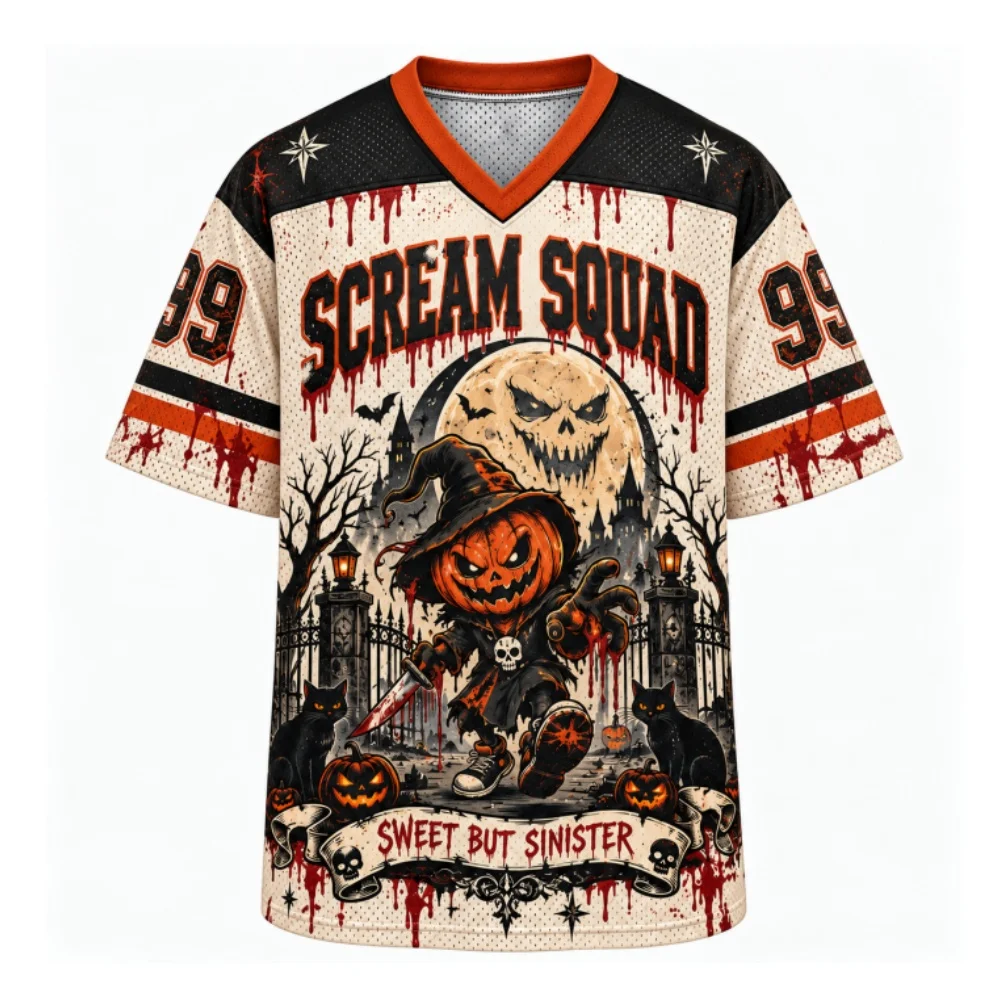 Scream Squad 99 Halloween Oversized Mesh Jersey, Horror-Kürbis-Hexen-Schädel-Schwarzkatzen-Print, V-Ausschnitt, kurze Ärmel, Party-Streetwear – Detail 4