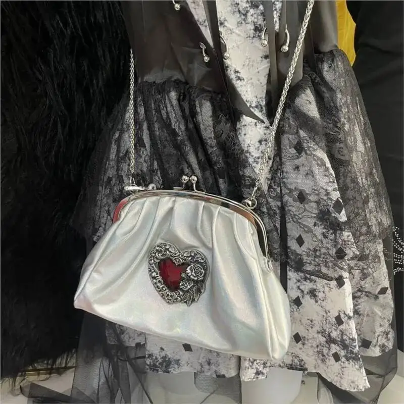 Bloom Retro Laser Heart Niche Design Handbag Women Chain Pleated Petite Shoulder Ladies Y2k Aesthetics Crossbody Bag Purse