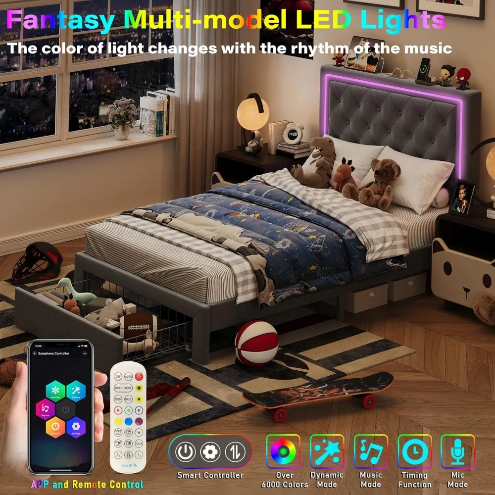 Rangka Tempat Tidur Twin XL dengan Laci Penyimpanan dan Sandaran Kepala yang Dapat Disesuaikan, Rangka Tempat Tidur Berlapis Kain Ukuran Twin XL dengan Lampu LED dan Pengisian Daya