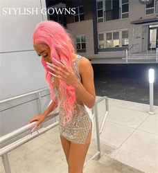 Sexy Silver Sheer O N Sparkly Diamonds Short Prom Dress Black Girls 2025 Glitter Crystals Rhinestone Birthday Party Customized