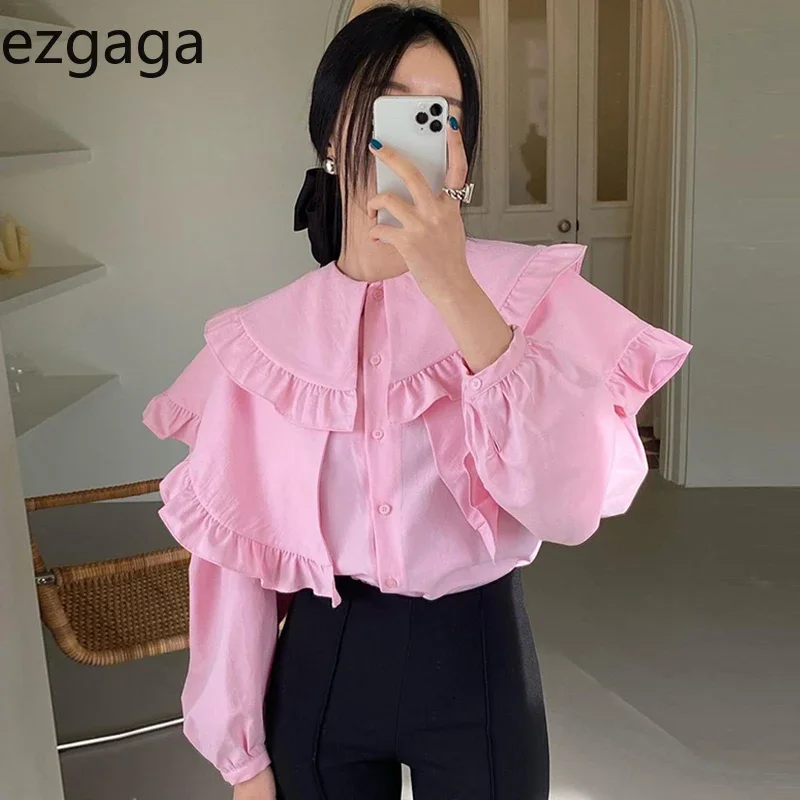 Ezgaga Sweet Pink Shirt Women Loose Long Sleeve Solid Ruffles Lapel Spring New Korean Chic Ladies Tops Elegant Fashion Blouses