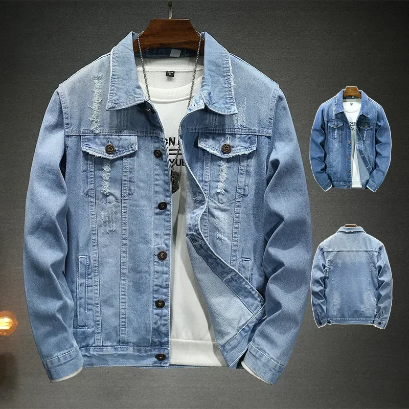 

Men Denim Coats Coat Slim Fit Jacket Turn Down Collar Full Sleeve Hole Single Breasted Jackets Simple Casual Autumn Winter 2025