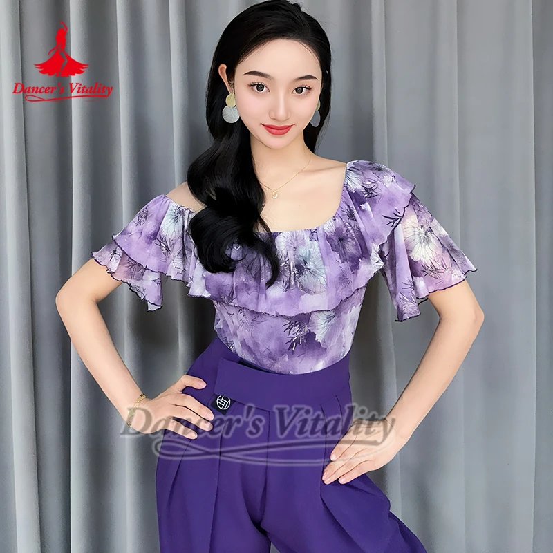 

Женский современный латинский лотос с рюшами на воротнике, профессиональный тренировочный танцевальный комбинезон для взрослых, фокстрот, вальс, танго, румба, тренировочные топы