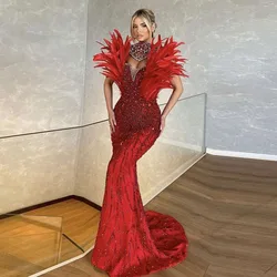 Red Feather Mermaid Prom Dresses Sparkly Lace Beaded Sleeveless Evening Gowns Women Formal Occasion Party Dress Wedding Vestidos