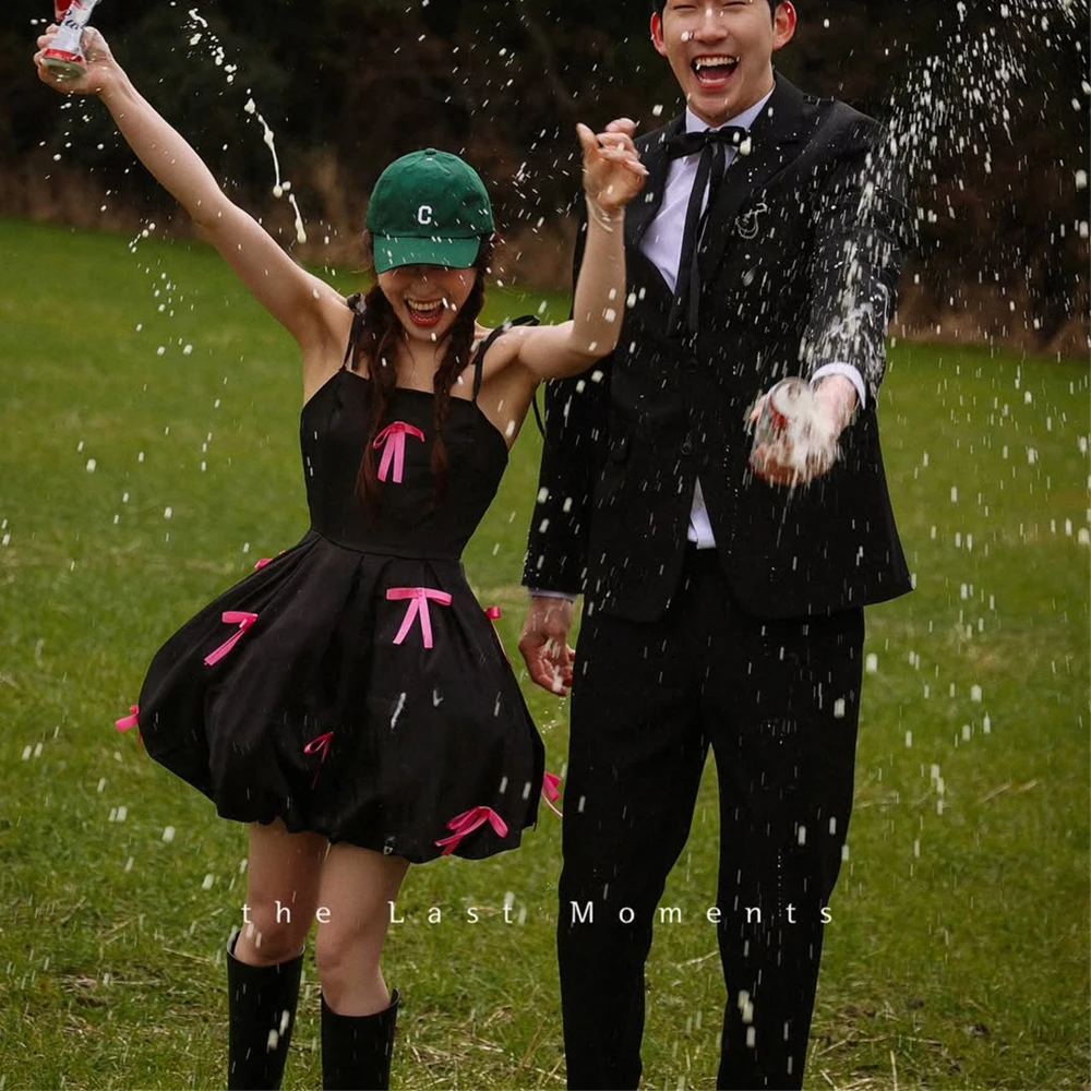 

Sondr Spaghetti Straps Black Mini Party Dresses Customized Korean Wedding Dresses Bow Short Prom Gown Birthday Evening Dresses