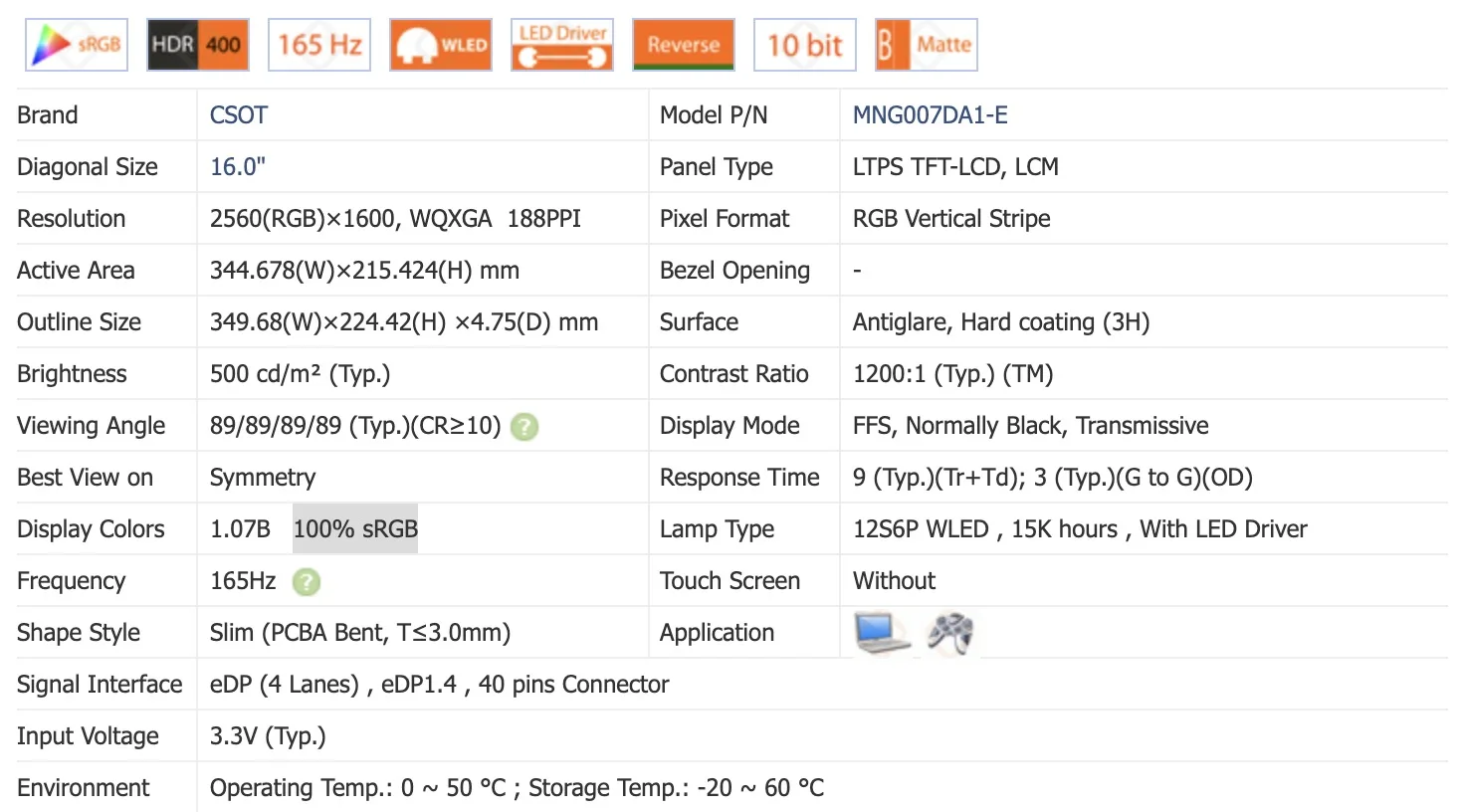 NE160QDM-NY1 V8.5 or MNG007DA1-E 16 Inch QHD 2.5K 165hz Matrix LCD Screen FRU:5D11E73257 5D11E73259 LED Display Panel Replaceme