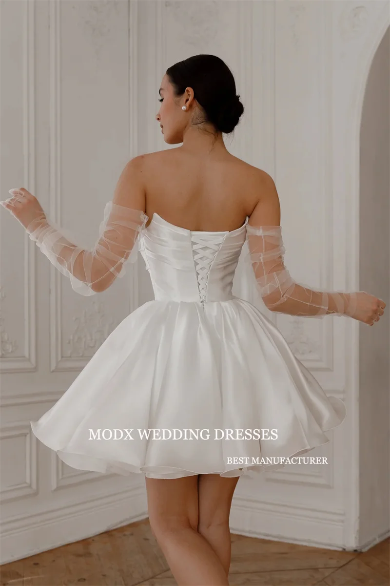 MODX فساتين قصيرة قصيرة على شكل حرف A بسيطة لحفلات الزفاف بدون أكتاف من الحرير الأورجانزا فساتين العروس مشد الظهر مقاس كبير لطيف مخصص