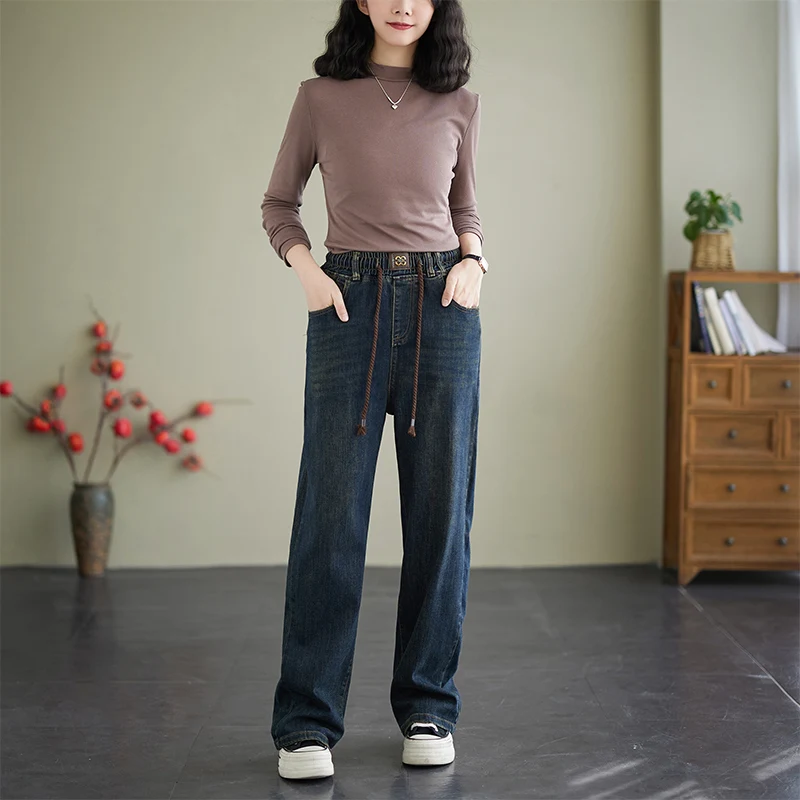 

Прямые джинсы с высокой талией, женские весенние 2021, свободные универсальные эластичные утягивающие широкие длинные брюки, повседневная мода