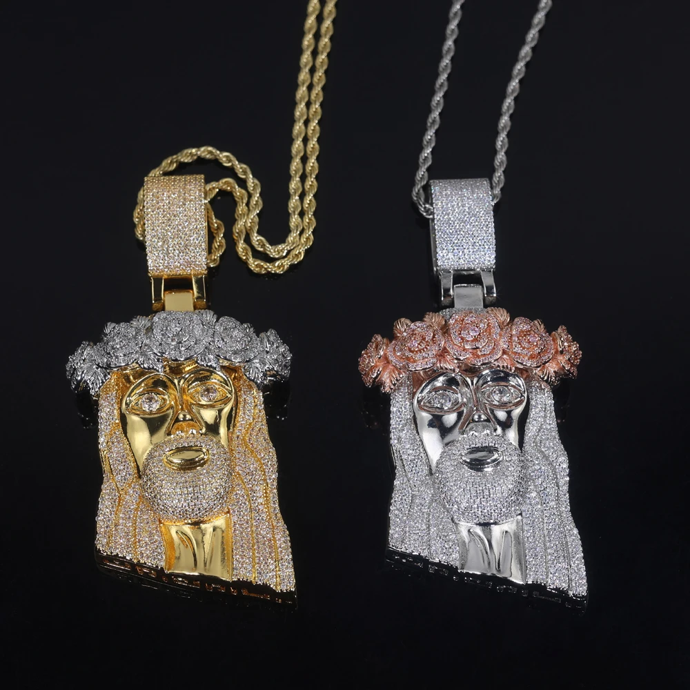 

2025 НОВАЯ мода Iced Out Rose Flower Иисус ожерелье кулон для мужчин микро-паве кубический цирконий хип-хоп ювелирные изделия