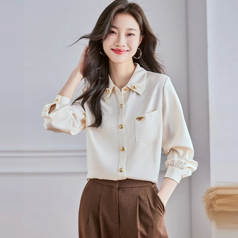 

Office Lady Long Sleeve Elegant Shirt New Arrival 2024 Spring Korean Style Solid Color OL Basics Women Casual Tops Shirts W1513