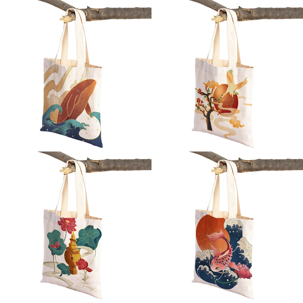 Designer Japan Geometric Art Lady Tote Handbag for Children Casual Canvas Cartoon Folding Women Shopping Shoulder Bag