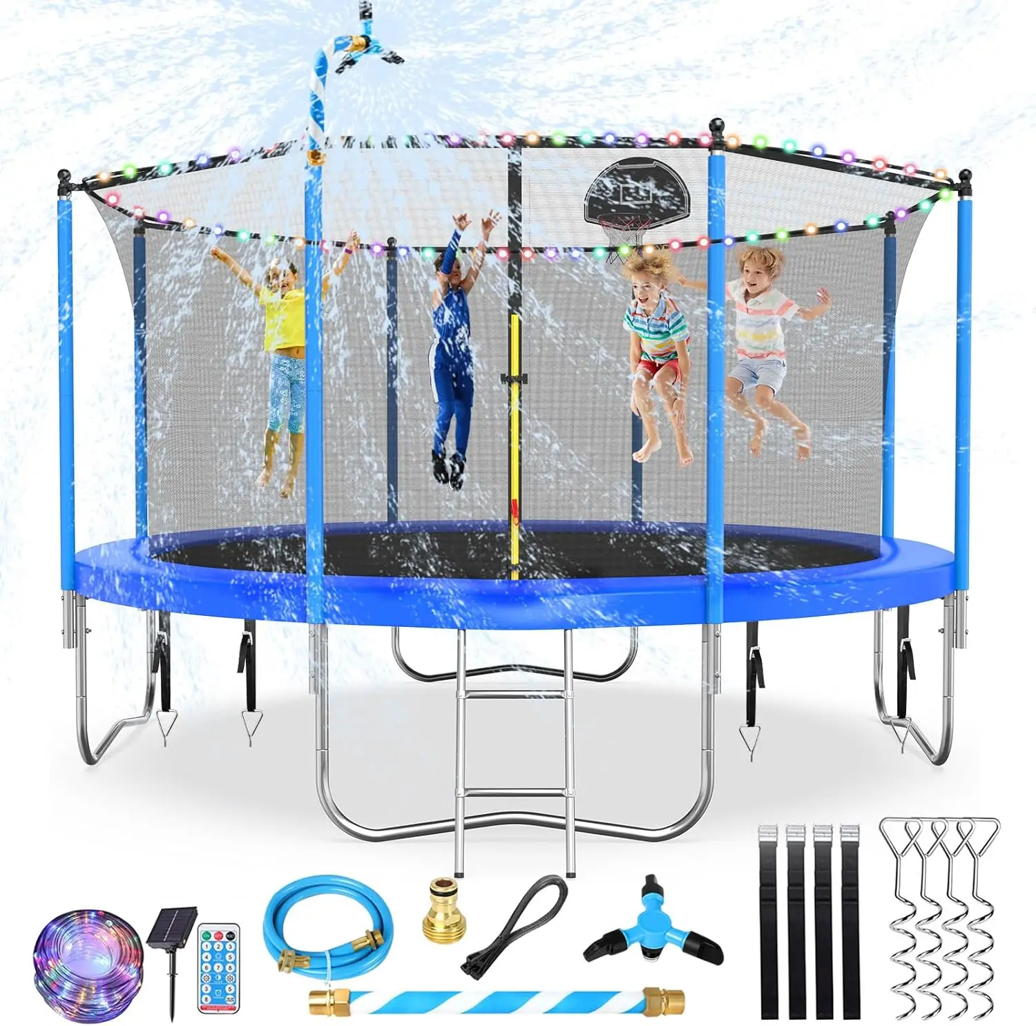 Trampoline Outdoor, Large Kids Trampoline with Light, Stakes, Sprinkler, Backyard Trampoline with Bask