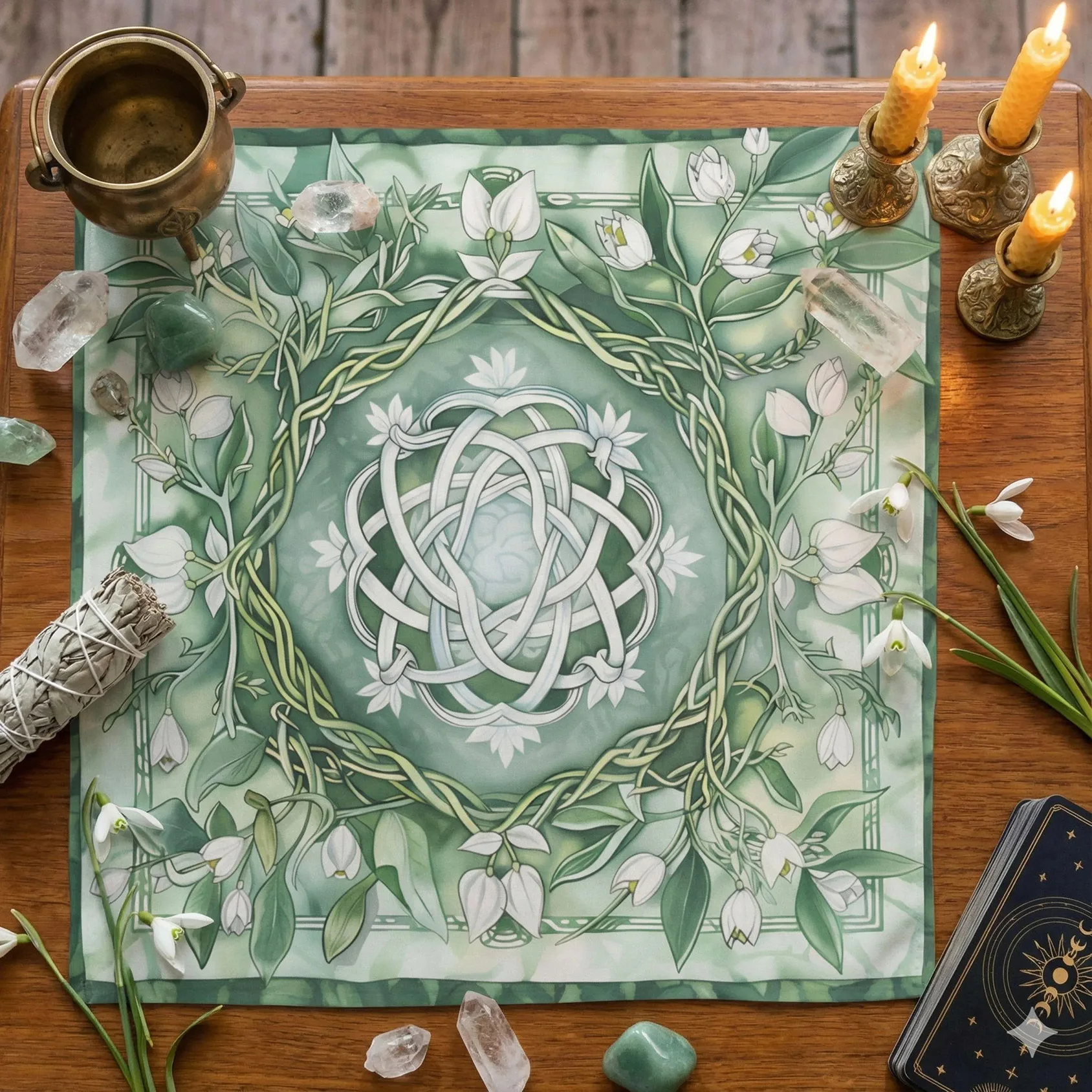 1pc Imbolc Altar Cloth, Snowdrop & Celtic Knot Design, Brigid Sabbat Ritual Mat, Wiccan Pagan Tarot Reading Cloth, Flat Print