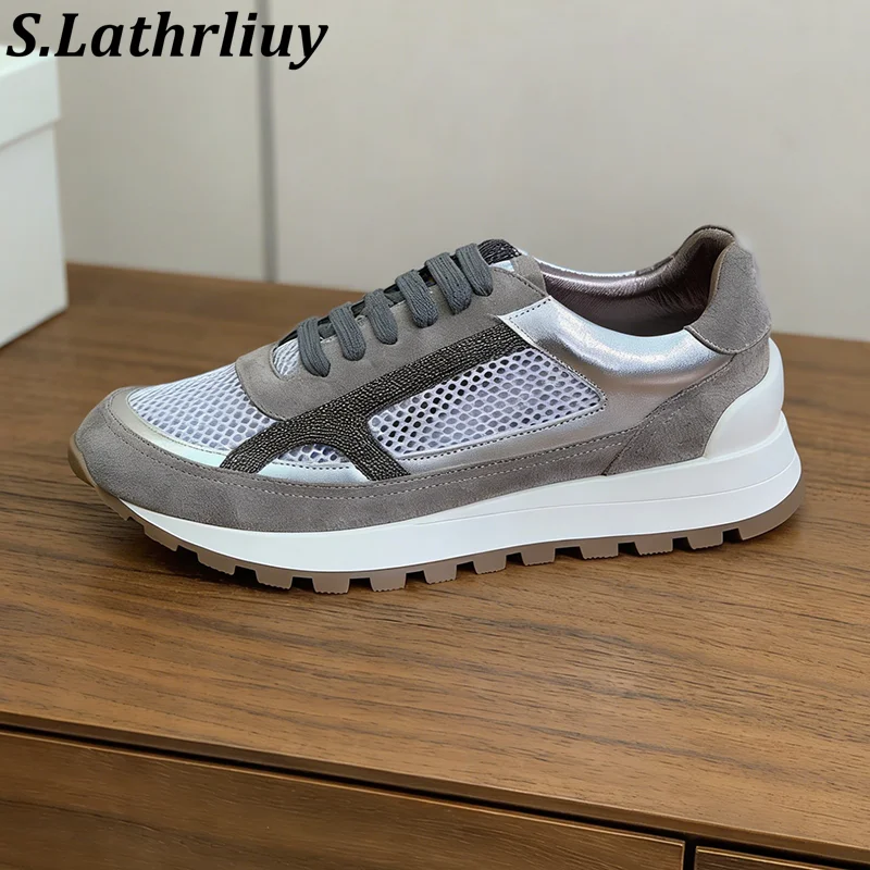 Flat Shoes Women's Mesh Breathable Color Blocked Lace Up Sneakers Spring Autumn Thick Soled Casual Shoes Versatile Running Shoes