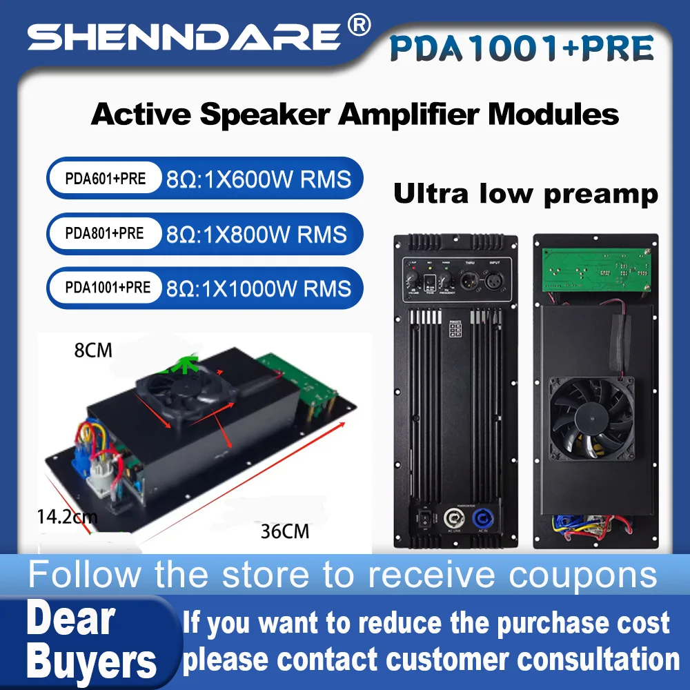Módulo amplificador de altavoces de audio ShennDare PDA801+PRE, que incluye un preamplificador de 800 W y 8 ohmios (para subwoofers) y una placa amplificadora de altavoces activa de 1000 W y 4 ohmios.