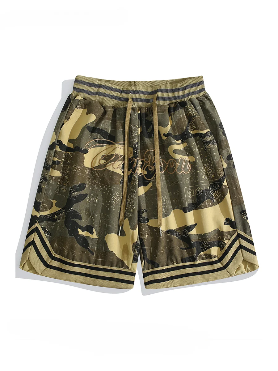 Men's American Style Hip Hop Embroidered Camouflage Shorts Trendy Street Basketball Sports Retro Overalls Five-quarter Pants