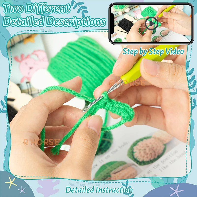 Beginner Crochet Kit for Kids Non-finished Knitting Fiber Crochet Starter Kit Animals Turtle Octopus Yarn Hooks Pack DIY Craft