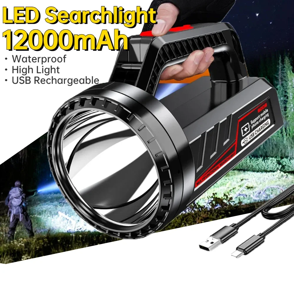 High Light LED Searchlight 12000mAh Long Range Torch USB Rechargeable Work Light P90 Waterproof Floodlight Powerful Flashlight