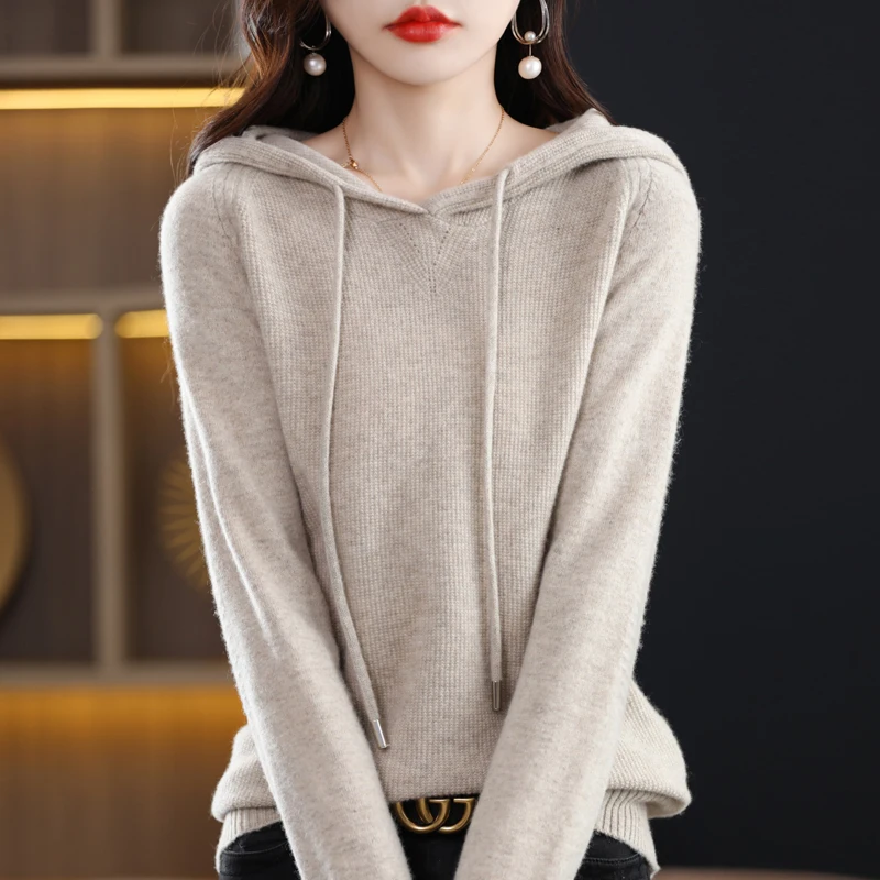 Hot selling new 100% wool knitted autumn and winter women's long sleeved hooded sweater regular pullover sweater Solid color