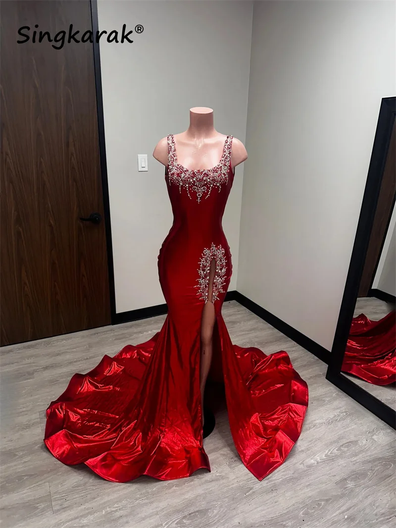Sexy Diamonds Mermaid Red Prom Dress Sparkly Beads Crystal Rhinestones Birthday Party Senior Wedding Party Gowns