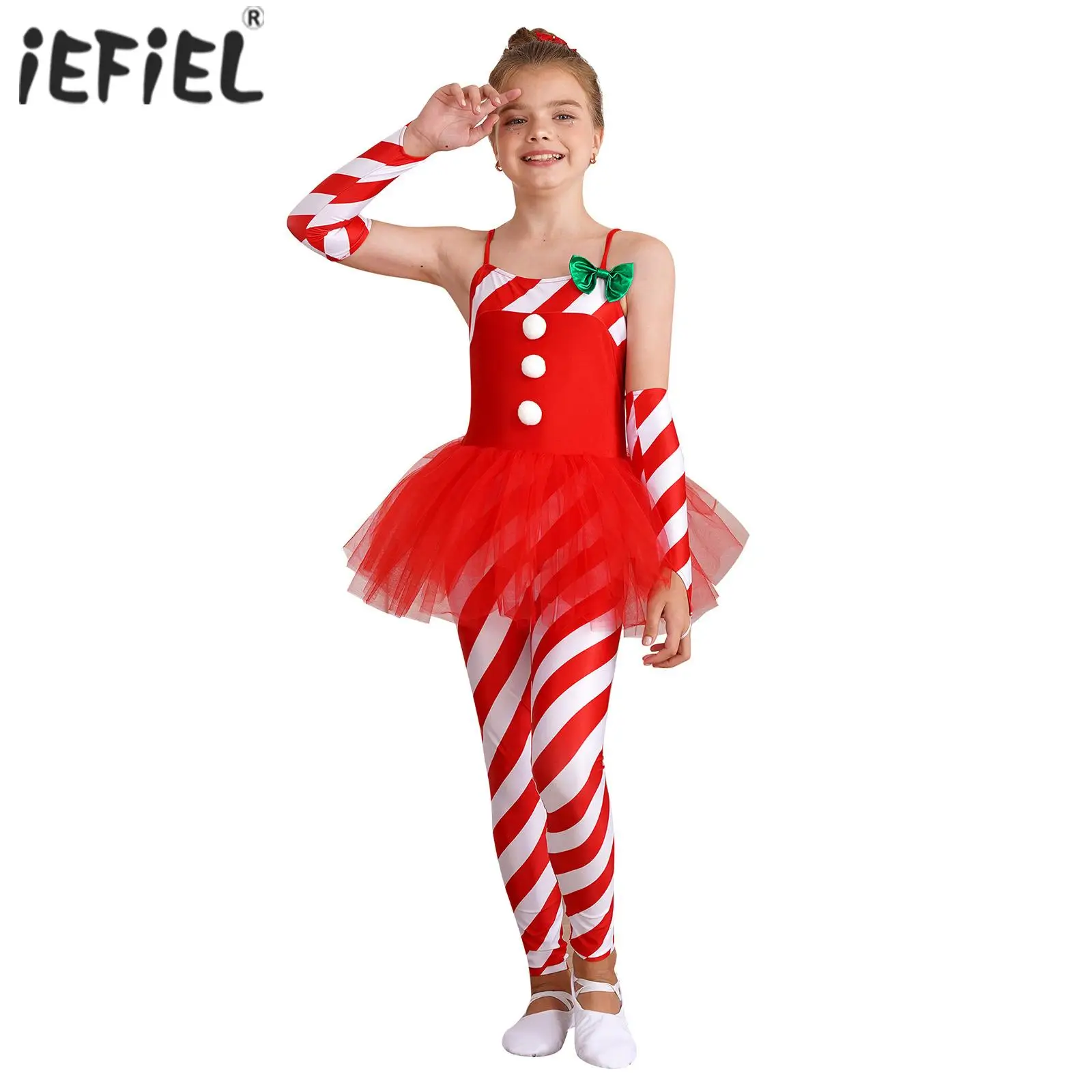 Girls Candy Cane Santa Claus Christmas Xmas Cosplay Costume Dancewear Stripes Print Tulle Peplum Long Jumpsuit with Arm Sleeves