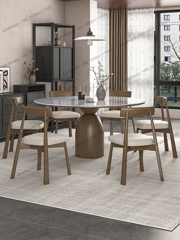 Solid wood dining table Microcrystalline stone Light luxury High sense Modern simple marble Round dining table
