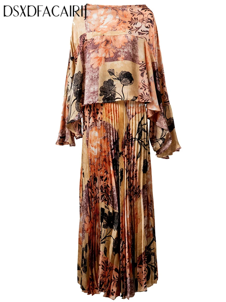 

DSXDFACAIRIJ Bohemian Print Two-Piece Set Women's O-Neck Flare Sleeve Top with Elastic Waist Pleated Long Skirt Fashion Female