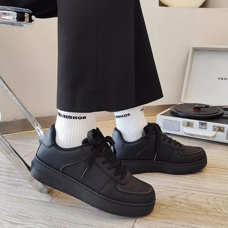 Women Solid Black  Platform Board Sneakers Faux Leather Upper Non‑Slip Thick Rubber Sole Versatile Daily Walking Ladies Footwear