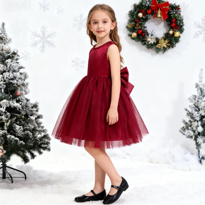 Christmas Dress For Girls Elegant Backless Pearl Princess Dress Girls Birthday Wedding Pageant Gown New Year Dress For Girls