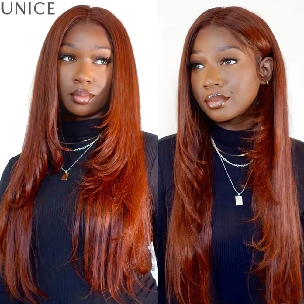 UNice 7x5 Bye-Bye Slip™ Lace Layered Cut Reddish Brown Straight Human Hair Wig With Drawstring Real Glueless Human Hair Wig