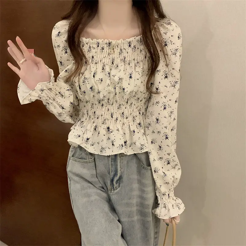 Slash Neck Blouses Women Temper Crop Floral Vintage  Hotsweet Korean Fashion French Gentle Hipster Ladies Clothing Chemise