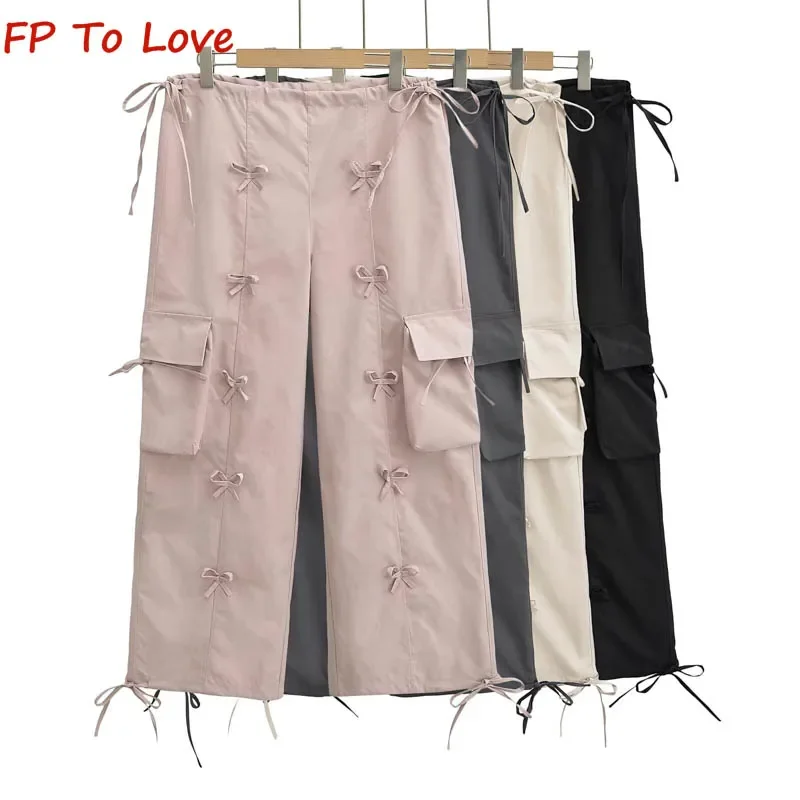 

Y2K Spice Girls Bowknot Work Trousers Street Personality Drawstring Tie Drawstring Casual Straight Leg Pants