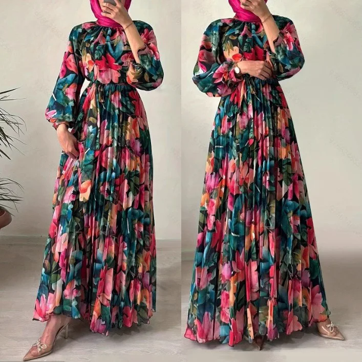 

Ramadan Eid Muslim Abaya for Women Flower Print Dresses Jalabiya Folds Vestidos Islam Arab Long Robe Morocco Dubai Abayas Kaftan