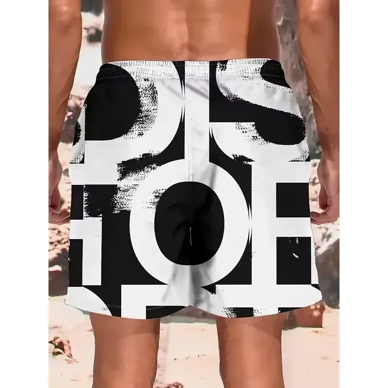 Shorts Comfortable Breathable Casual Men's Summer Black White Contrast Large Letter Print Drawstring Waist Regular Fit Sports