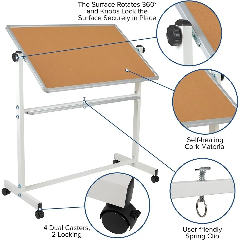 45.25W x 54.75H لوحة الفلين والسبورة البيضاء ذات الوجهين مع حامل القلم - لوحة الإعلانات المتنقلة