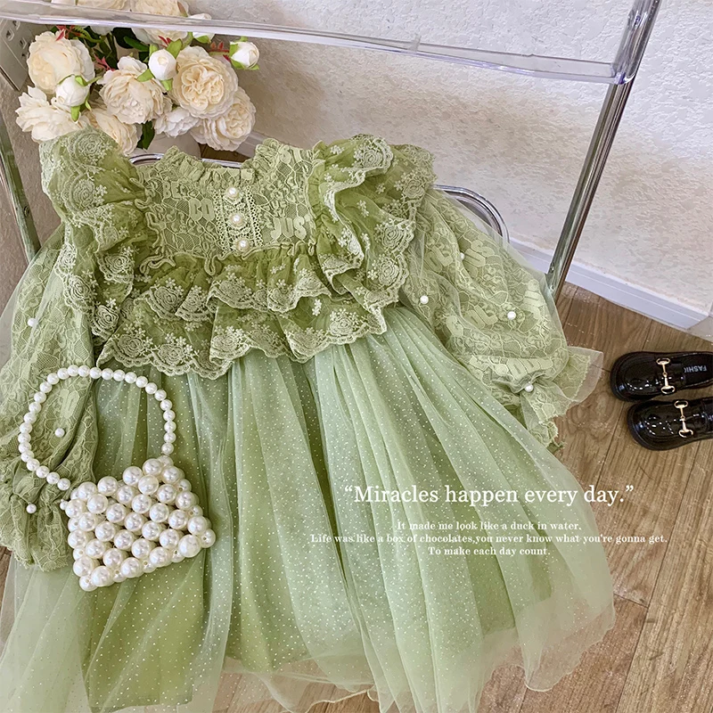2025 Autumn Spring 2 3 4 6 8 10 12 Years Children Princess Ball Gown Party Long Sleeve Patchwork Lace Dress For Kids Baby Girls