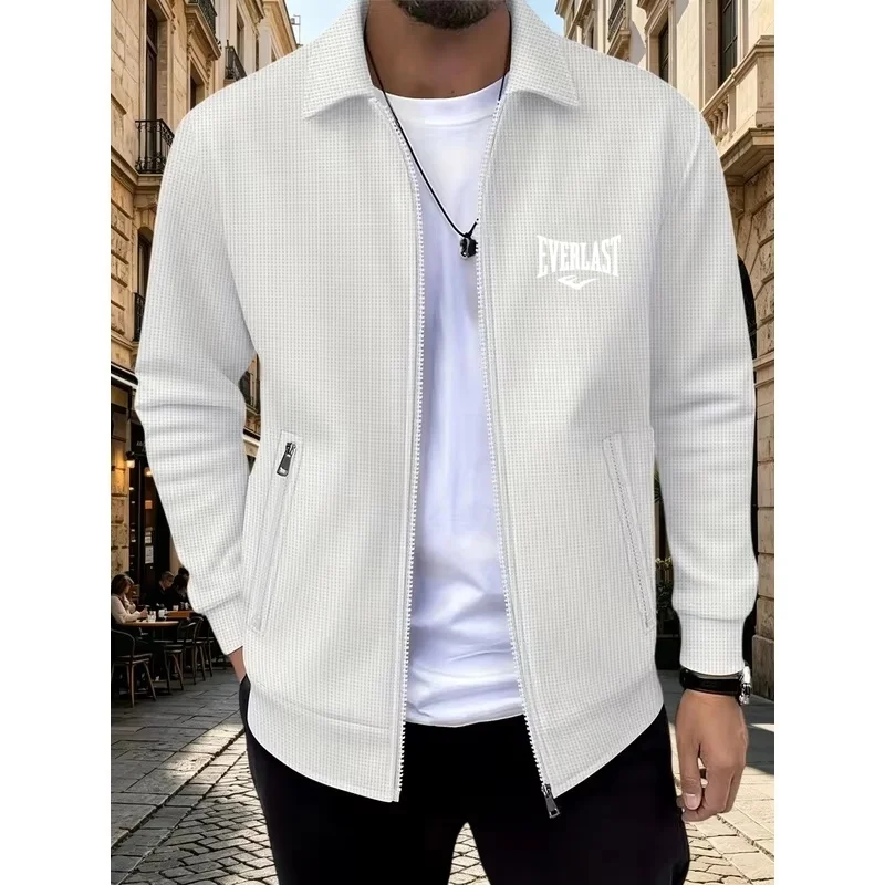 Men Waffle Knit Lapel Full Zip Jacket Spring Autumn Retro Bold Letter Graphic Print Long Sleeve Zipper Pocket Casual Street