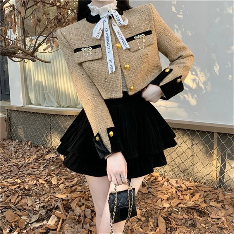 Women Two Piece Outfits 2024 Spring Autumn Vintage Fashion Elegant Luxury Coat Tweed Chic Slim Jacket Sexy High Waist Mini Skirt