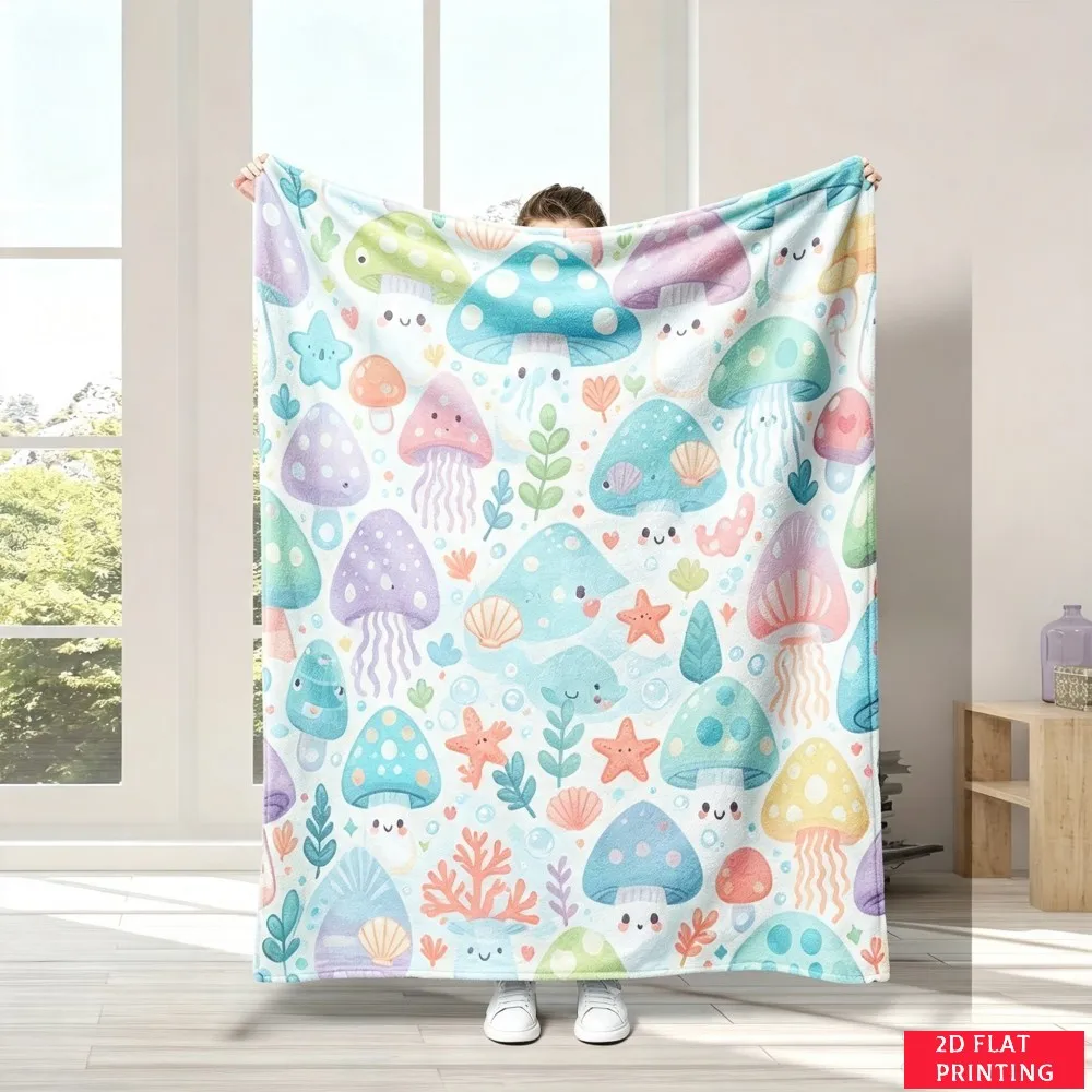 Colorful Mushroom Jellyfish Fairy Tale Fleece Blanket For Playful Bedroom Decor Lightweight Plush Throw Blanket Cover