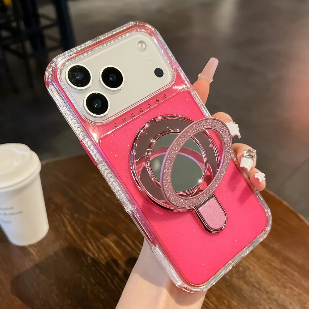 SHS بريق شفاف مرآة المغناطيسي حامل حافظة آيفون 17 برو ماكس 16 15 14 زائد 13 12 11 الثقيلة درع غطاء مقاوم للصدمات