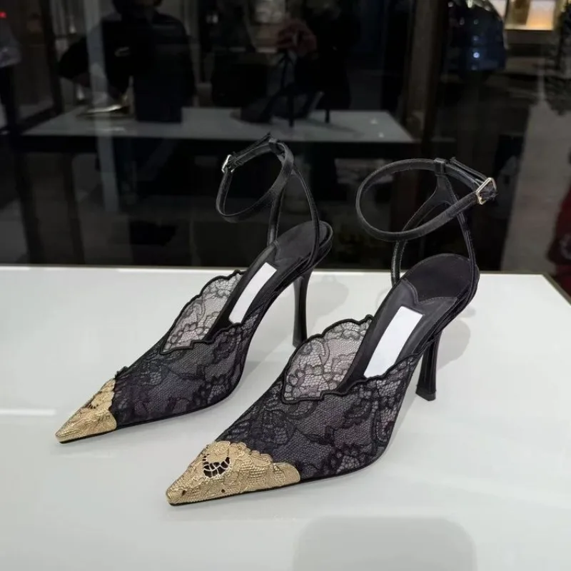 2026 New Lace High Heel Sandals for Women with Pointed Fine Heels Embroidered Mesh Versatile High Heels Shoes Women view 5