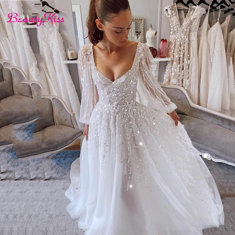 Robe de mariée de princesse en Tulle à manches bouffantes, paillettes de cristaux, Sexy, col en v, coupe trapèze, robes de fête de mariage