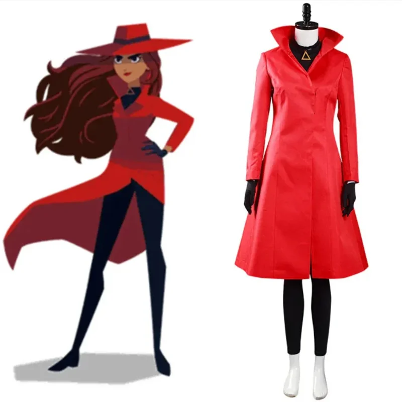 Carmen Sandiego Cosplay Costume Red Dress with Hat Gloves Halloween Christmas Carnival Party Role Play Suit For Woman Girl*8*Q