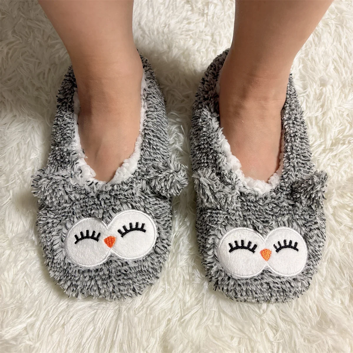 

Home Fuzzy Slipper Women Cat Penguin Winter Fur Contton Warm Plush Non Slip Grip Indoor Fluffy Lazy Female Embroidery Floor Shoe