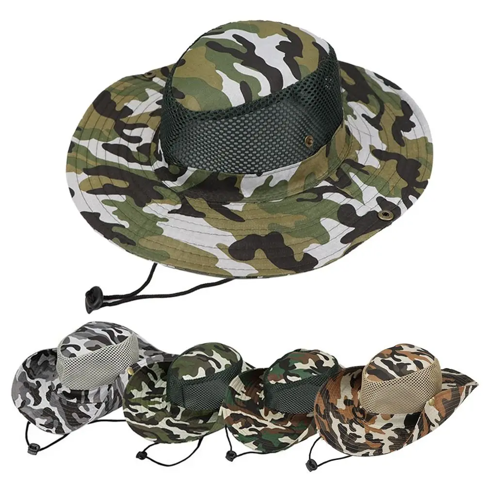 Outdoor Fishing Camouflage Mesh Hiking Cap Sun Protection Bucket Hat Sun Visor Hat Mesh Camouflage