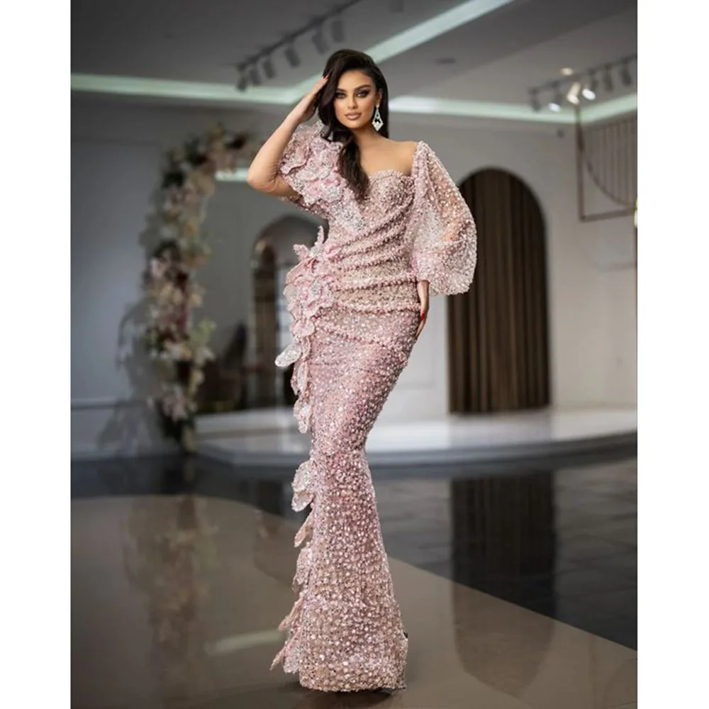 Exquisite High Quality Pink Evening Party Dresses Sweetheart Floor Length Trumpet Shiny Flowers Beading Sequin Luxury Women Gown