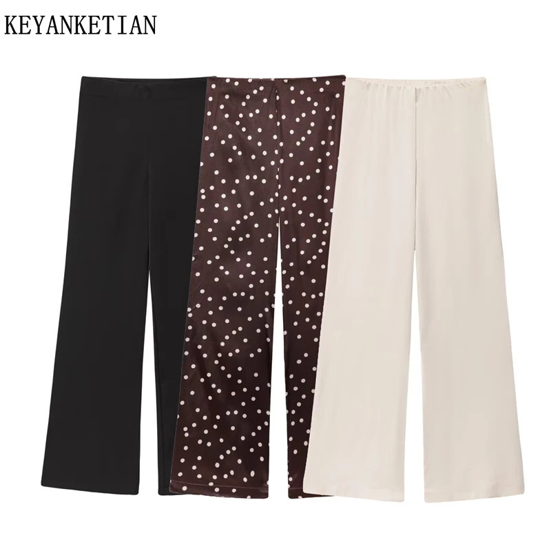 KEYANKETIAN 2025 Autumn New Women's Satin Casual Pants Retro style Side Zipper High Waist Polka Dots Print Straight-leg Trousers