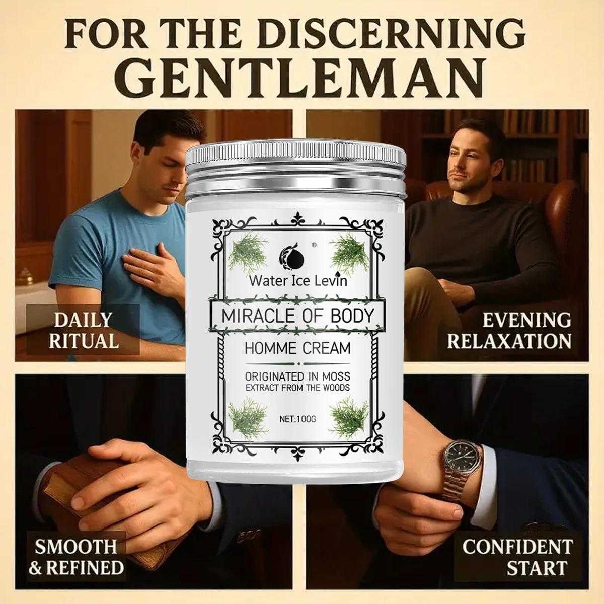 طقوس سهرة يومي من Water Ice Levin Homme Cream للرجال المتميزين. مستخلص الطحلب والخشب المخصب. يهدئ، يكرر البشرة. #3